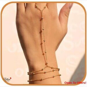 18K Gold Plated Hand Chain Bracelet with Finger Ring, Stainless Steel Adjustable